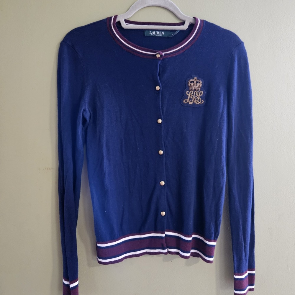 Ralph Lauren Navy Button Up Sweater Cardigan Patch Logo Medium Womens Stripe Hem